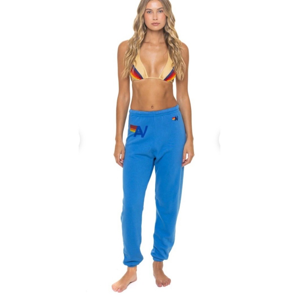 Aviator Nation Logo Sweatpants Large Blue Cobalt NWOT Rainbow Logo Lounge